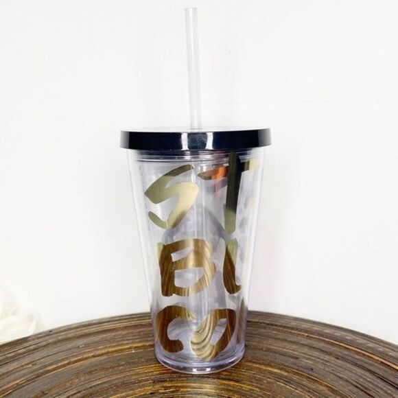 Starbucks Coffee Clear Grande Tumbler Gold Lettering Cold Cup - Picture 1 of 5
